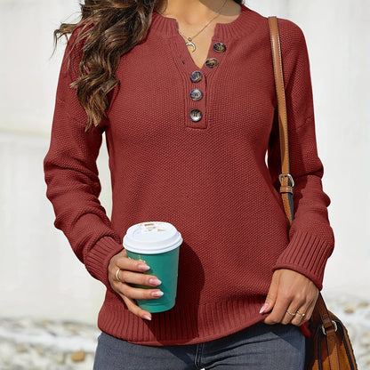 Women's Casual V-Neck Button Down Long Sleeve Ribbed Knit Loose Henley Tunic Sweaters Fall Pullover Jumper Tops