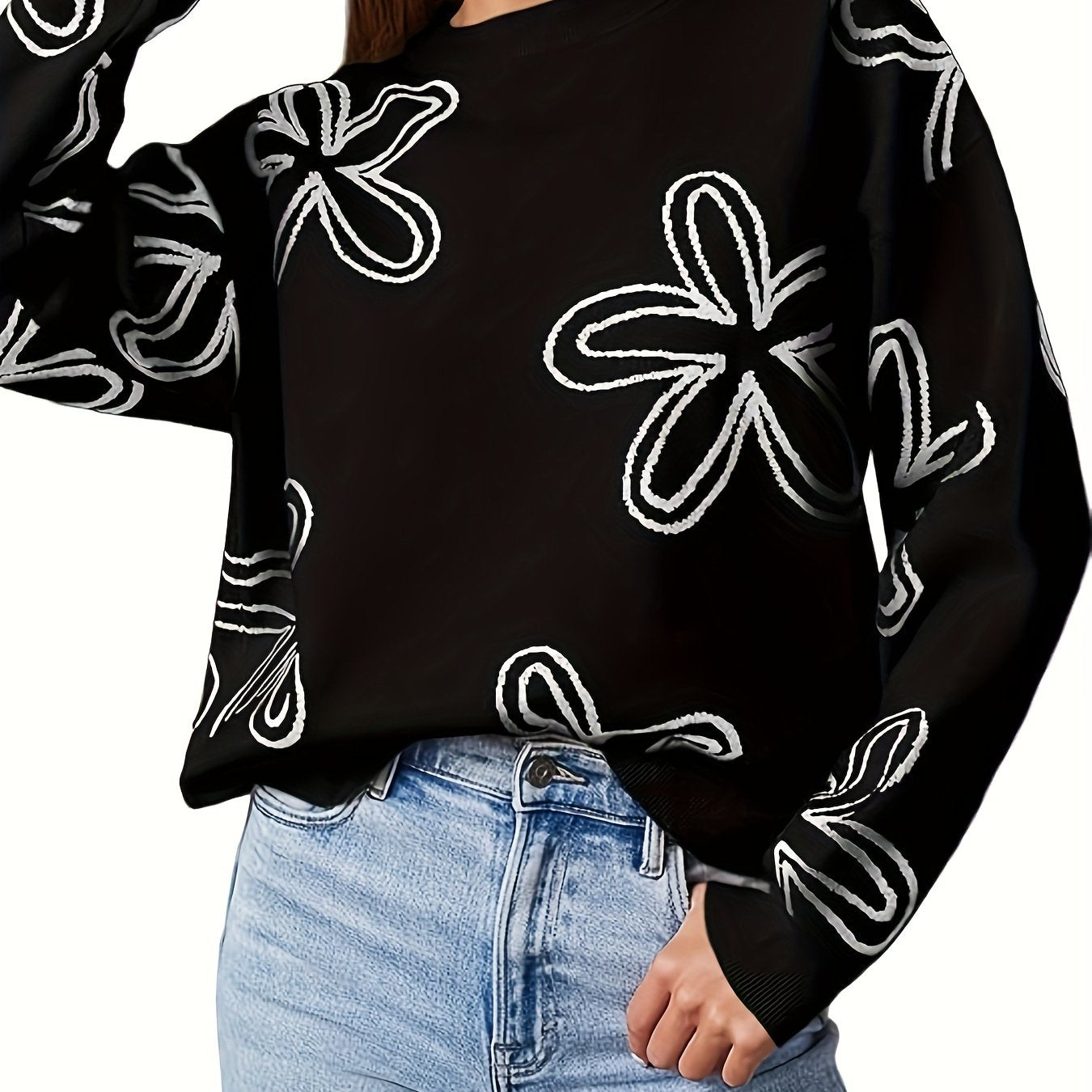 Long Sleeve Floral Print Cable Knit Casual Crewneck Sweaters For Women Pullover Sweater Tops