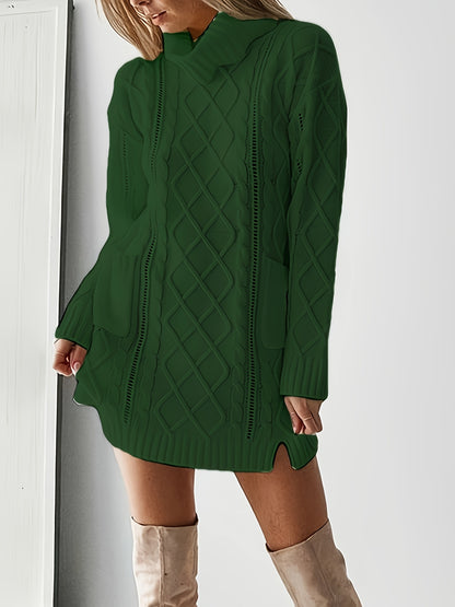 JNQualytrix Women's Elegant Sweater Dress - High Neck Long Sleeve with Double Pockets, Vibrant Red, Cozy Fall Winter Outfit, Chic Casual to Semi-Formal Wear, Ladies Sweaters, Casual to Formal Attire, Sophisticated Style, Comf