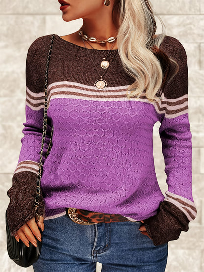 Women Autumn Winter Colorblock Pullover Sweaters Round Neck Striped Slim Fitting Knitwear Tops