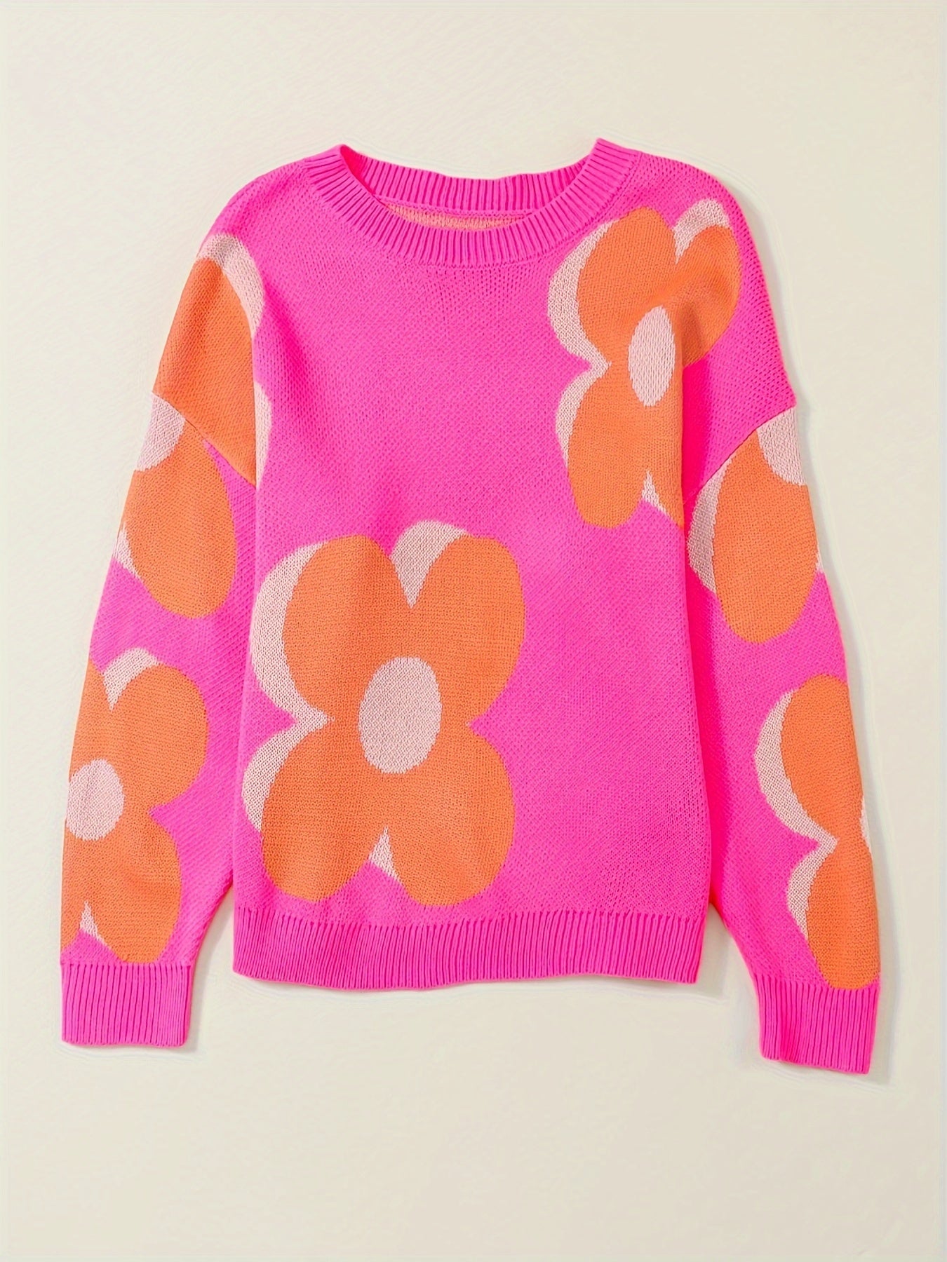 Women's Floral Jacquard Sweater - Bright Pink Oversized Pullover with Orange & White Floral Pattern, Round Neck Long Sleeve Cozy Fall Winter Casual Chic Wardrobe Essential, Ladies Sweaters