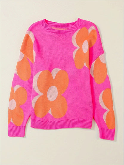 Women's Floral Jacquard Sweater - Bright Pink Oversized Pullover with Orange & White Floral Pattern, Round Neck Long Sleeve Cozy Fall Winter Casual Chic Wardrobe Essential, Ladies Sweaters
