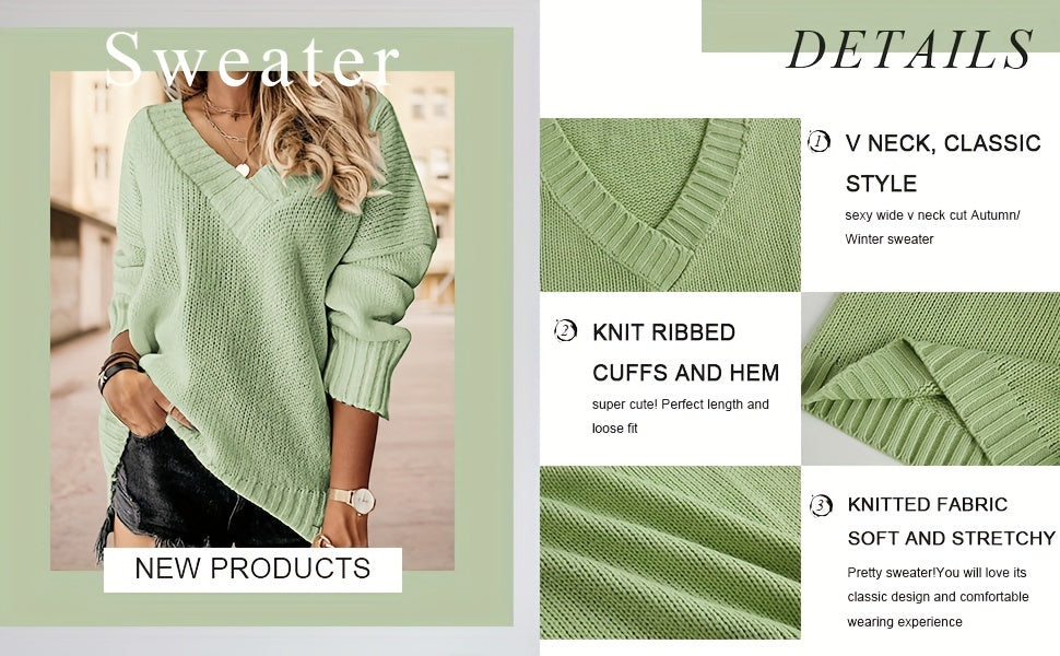Womens Loose Sweaters Sexy V Neck Long Sleeve Solid Knitted Jumper Pullover Sweatshirt Tops