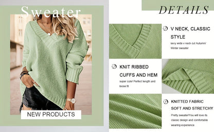 Womens Loose Sweaters Sexy V Neck Long Sleeve Solid Knitted Jumper Pullover Sweatshirt Tops