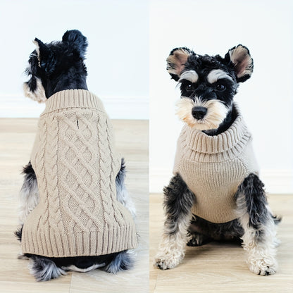 Dog Sweaters For Small Puppy Turtleneck, Doggie Cable Knit Pet Sweater With Classic Pattern For Cold Weather, Khaki Color