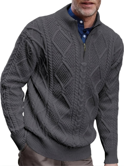 Runcati Mens Quarter-Zip Sweater Cable Knitted Stand Collar Pullover Soft Casual Thermal Twisted Knitwear Sweaters