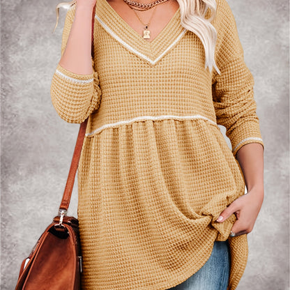 Womens V Neck Waffle Tunic Top Long Sleeve Peplum Pullover Babydoll Casual Flowy Swing Tshirts Pullover Sweaters