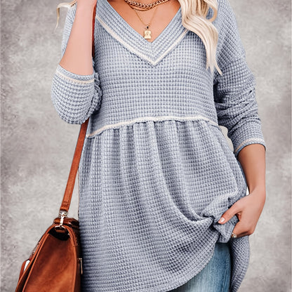Womens V Neck Waffle Tunic Top Long Sleeve Peplum Pullover Babydoll Casual Flowy Swing Tshirts Pullover Sweaters