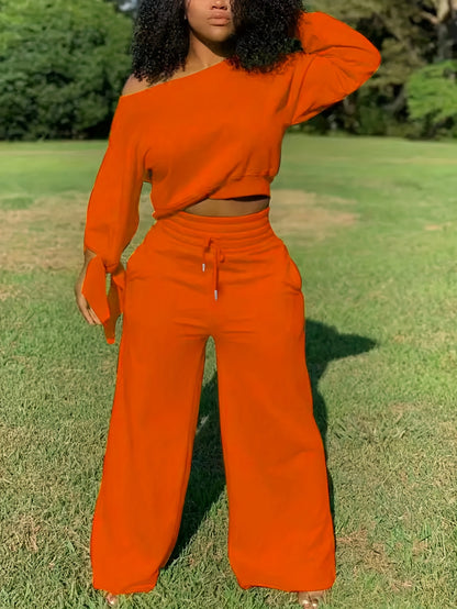 Women'S Solid Color Casual 2pcs Set, Women'S Spring And Autumn Casual Asymmetry, Drawstring, Pocket Three-quarter Length Sleeve Loose Black Bat Sleeve Sweatshirt Sweatpants Women'S Two-piece Outfit, Casual Everyday Wear