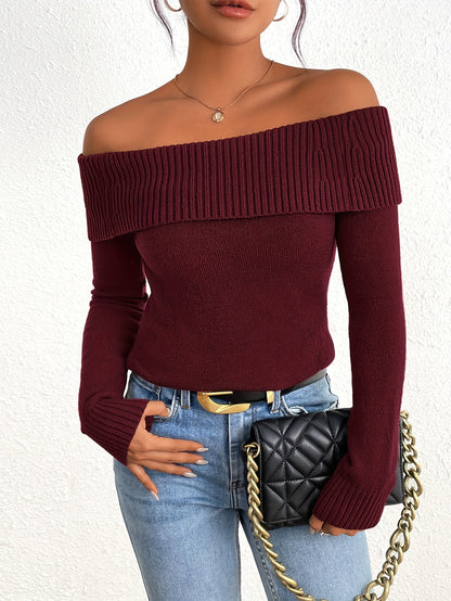 Long Sleeve Y2K Off Shoulder Ribbed Knit Fitted Pullover Women's Fall Sweaters Tops Blouse