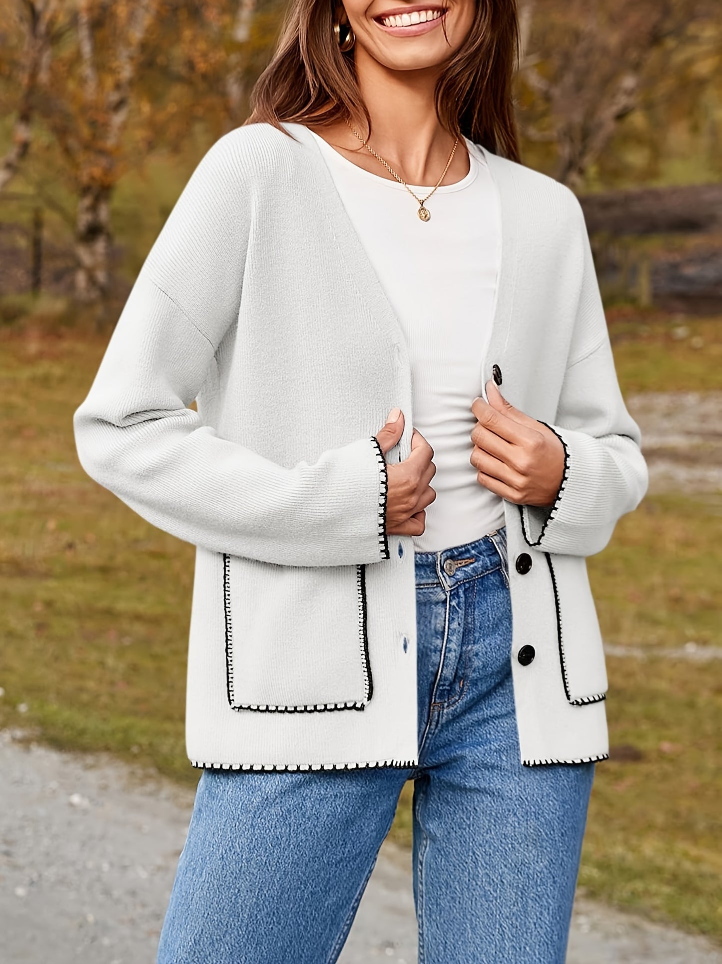 Womens Button Up Cardigan Sweaters Fall Trendy Knit Open Front Casual Loose Sweater Coat With Pockets