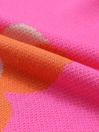 Women's Floral Jacquard Sweater - Bright Pink Oversized Pullover with Orange & White Floral Pattern, Round Neck Long Sleeve Cozy Fall Winter Casual Chic Wardrobe Essential, Ladies Sweaters