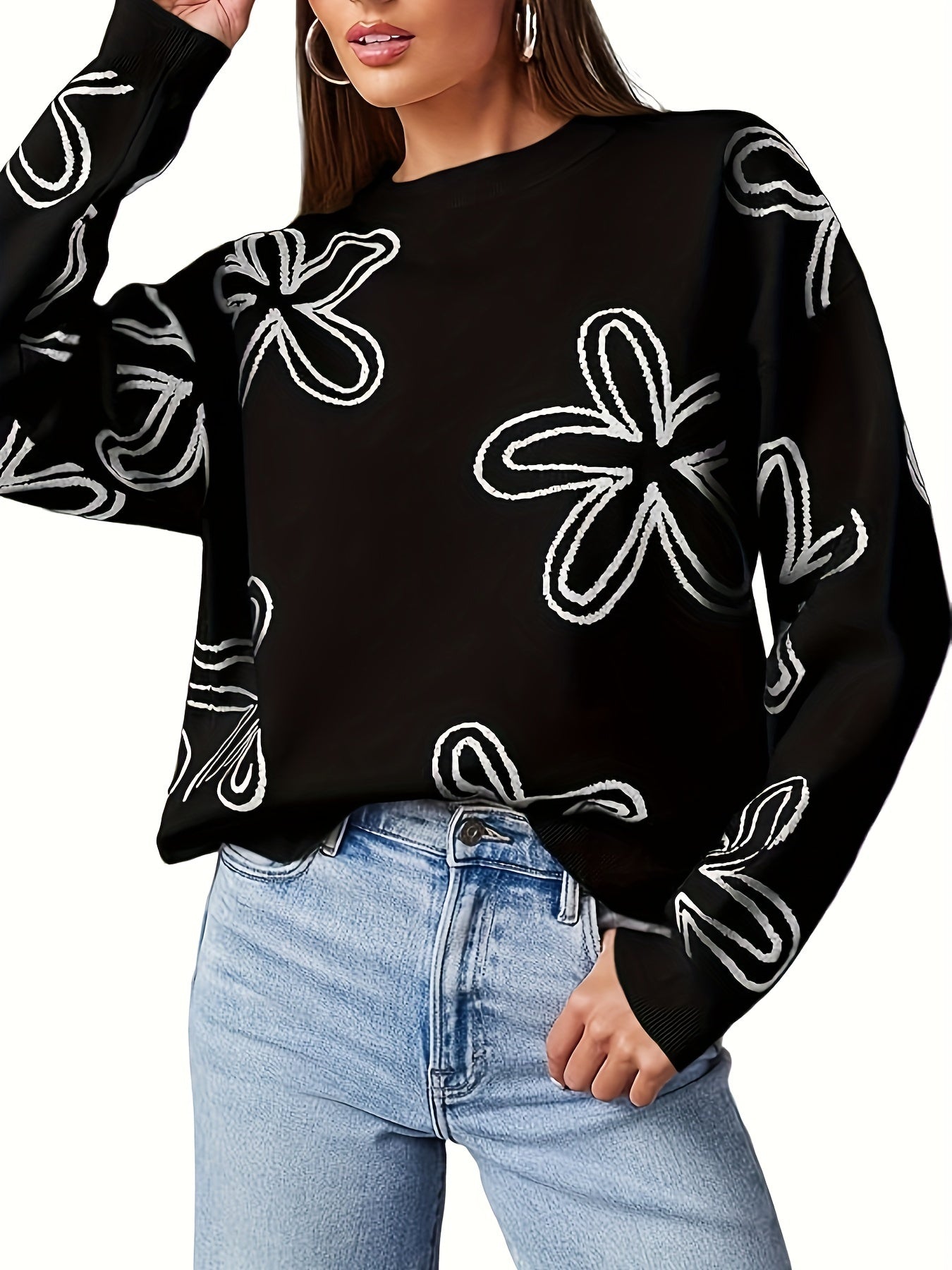 Long Sleeve Floral Print Cable Knit Casual Crewneck Sweaters For Women Pullover Sweater Tops