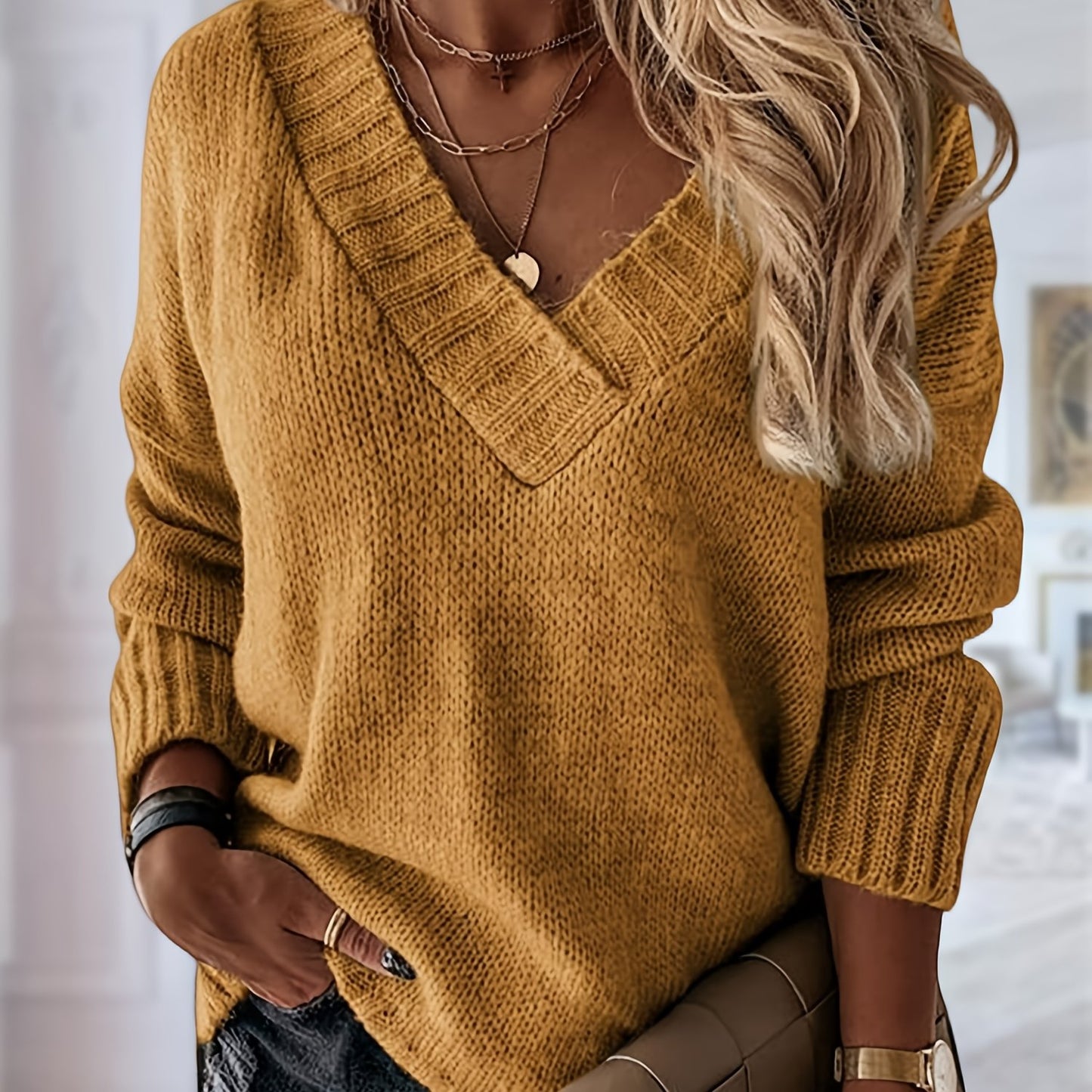 Womens Loose Sweaters Sexy V Neck Long Sleeve Solid Knitted Jumper Pullover Sweatshirt Tops