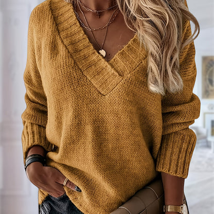 Womens Loose Sweaters Sexy V Neck Long Sleeve Solid Knitted Jumper Pullover Sweatshirt Tops