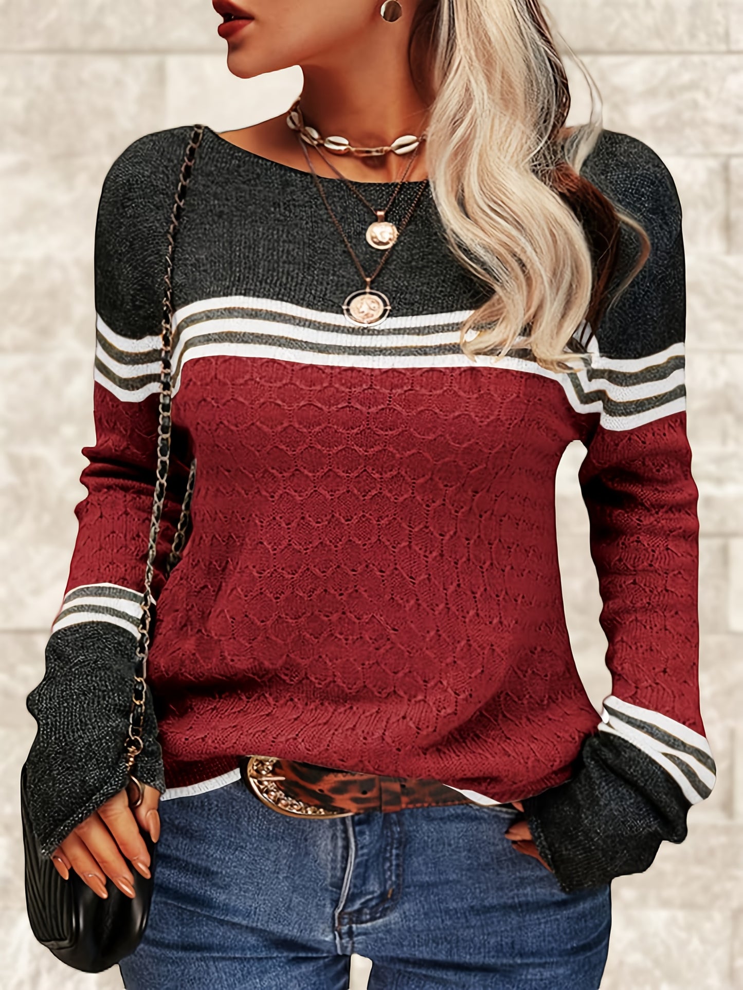 Women Autumn Winter Colorblock Pullover Sweaters Round Neck Striped Slim Fitting Knitwear Tops
