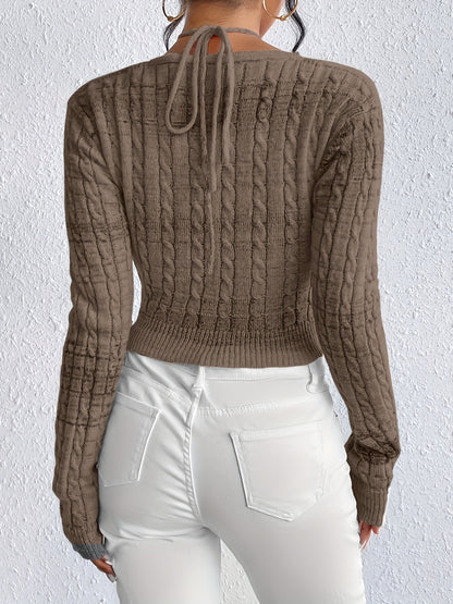 Women's Slim Fit Tie-Front Ombre Colorblock Sweater - Sleeve Top with Back Tie Detail, Pastel Pink to Blue Gradient for Spring/Fall, Cute Sweaters, Casual Wear, Breathable Material, Stylish Pullover, Styleconscious Buyers