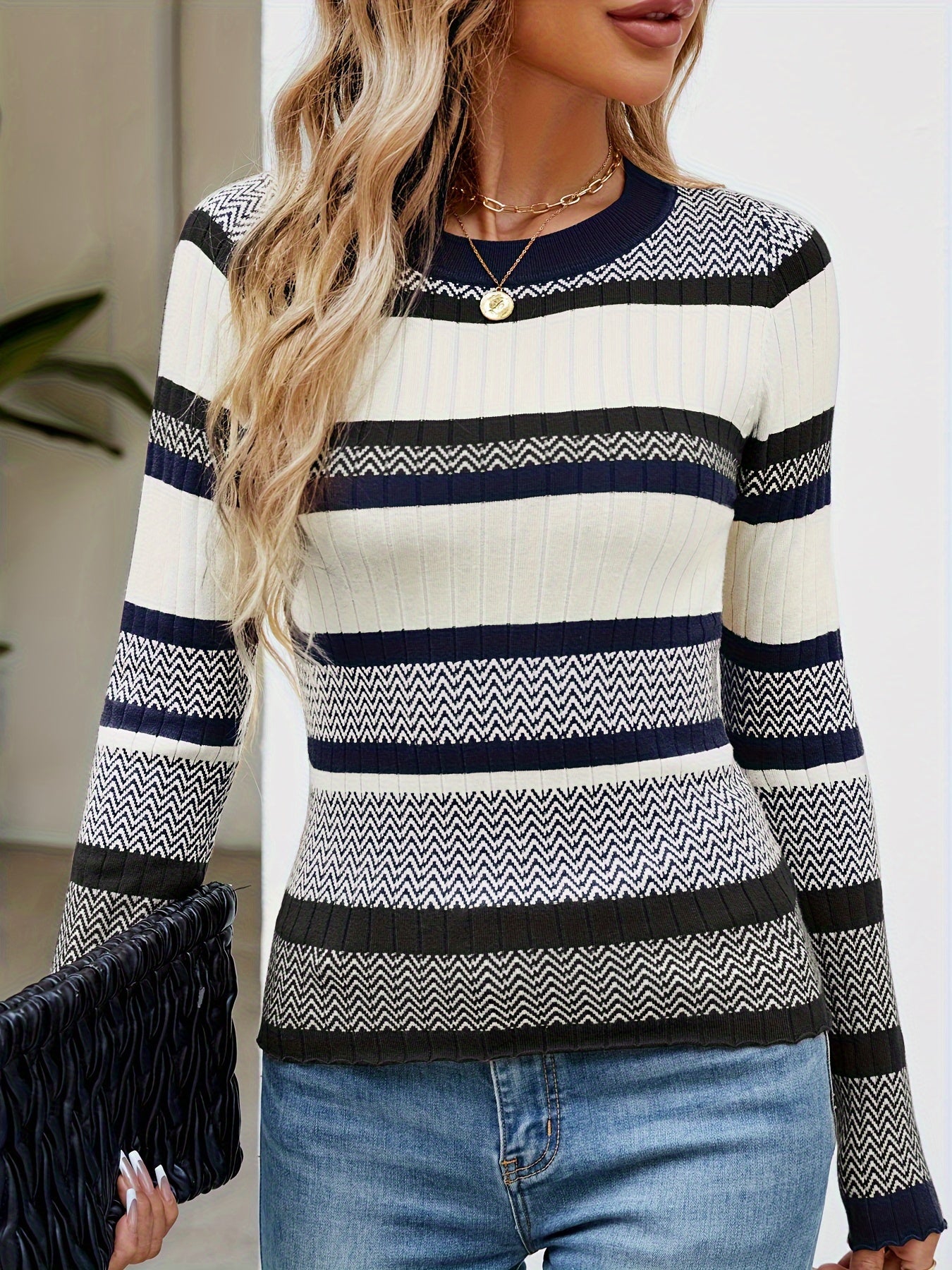 [Elegant Sweater] Elegant Striped Sweater | Women's Navy Blue Round Neck Long Sleeve, All-Season Machine Washable Top, Middle East Collection, Cute Sweaters, Cozy Winter Apparel, Sophisticated Casual Wear, Comfortable Fit