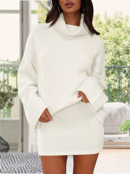 Womens 2 Piece Outfits Sweater Sets Turtleneck Oversized Sweaters And Mini Skirts Fall Trendy Loungewear