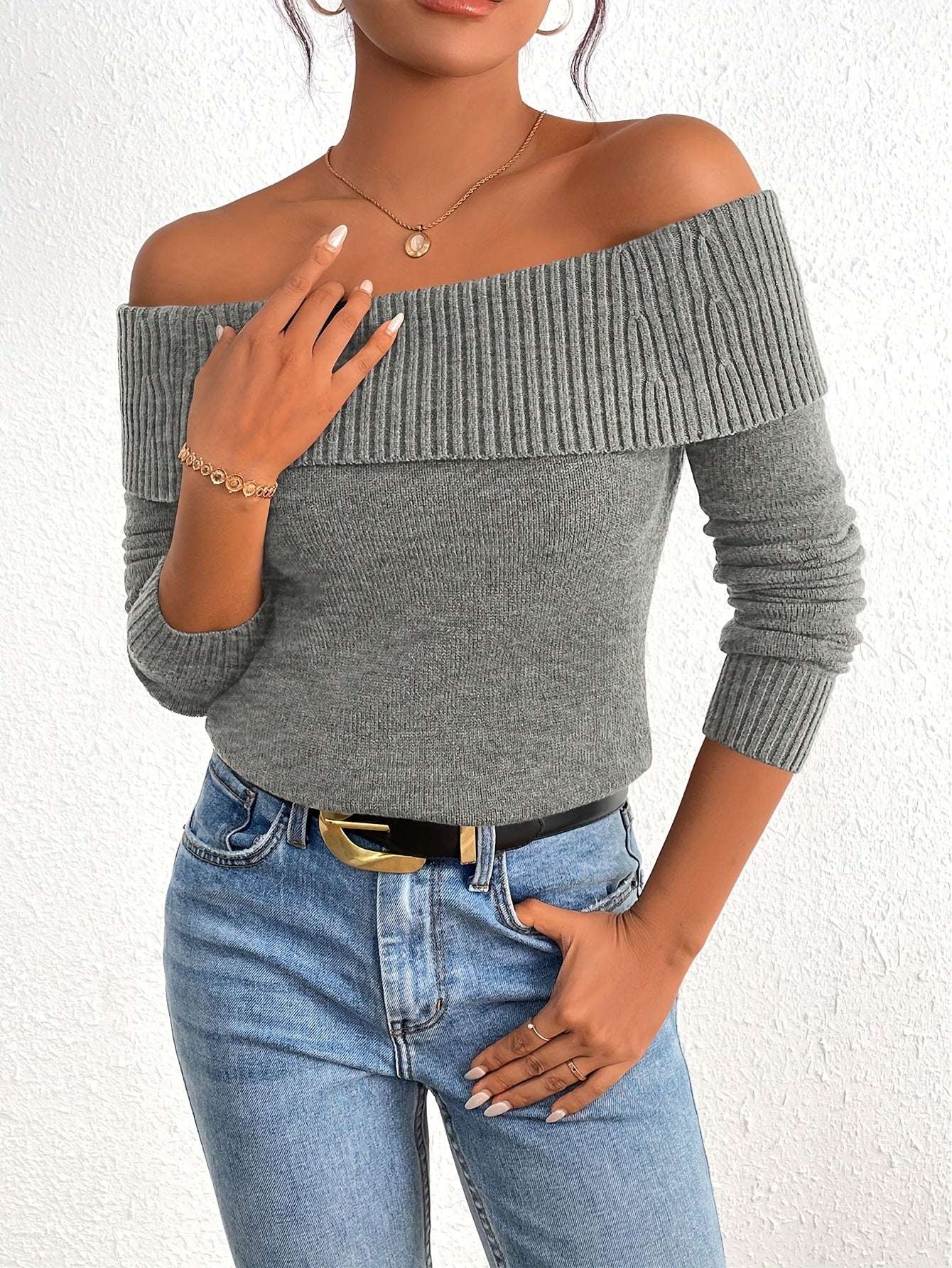 Long Sleeve Y2K Off Shoulder Ribbed Knit Fitted Pullover Women's Fall Sweaters Tops Blouse